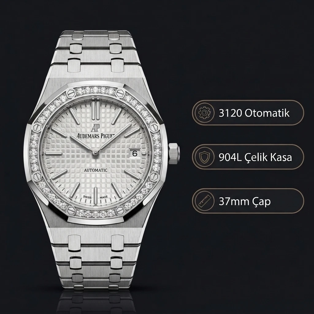 Audemars Piguet 15450 Bayan Beyaz Kadranlı Taşlı Bezel Çelik Super Clone ETA Saat