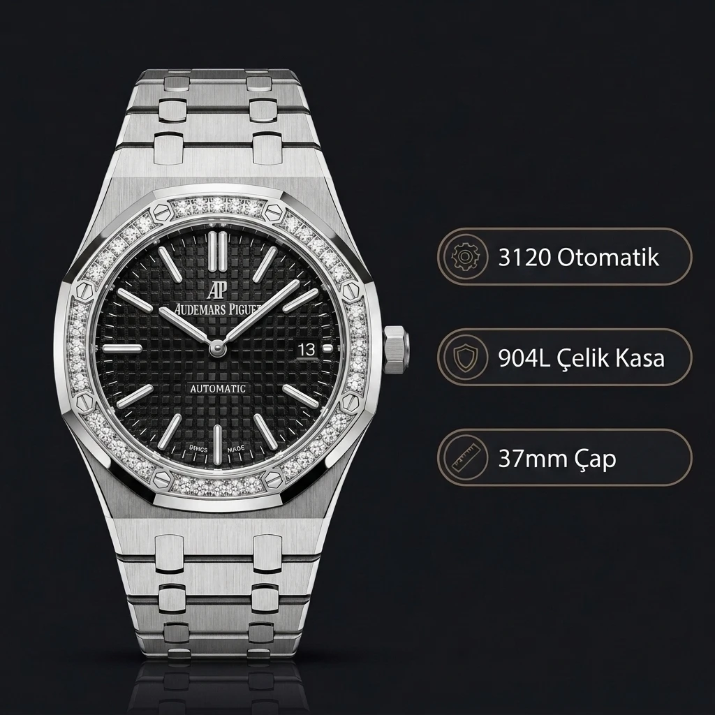 Audemars Piguet 15450 Bayan Gri Kadranlı Taşlı Bezel Çelik Super Clone ETA Saat