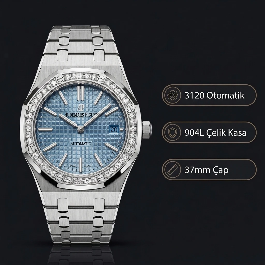 Audemars Piguet 15450 Bayan Mavi Kadranlı Taşlı Bezel Çelik Super Clone ETA Saat