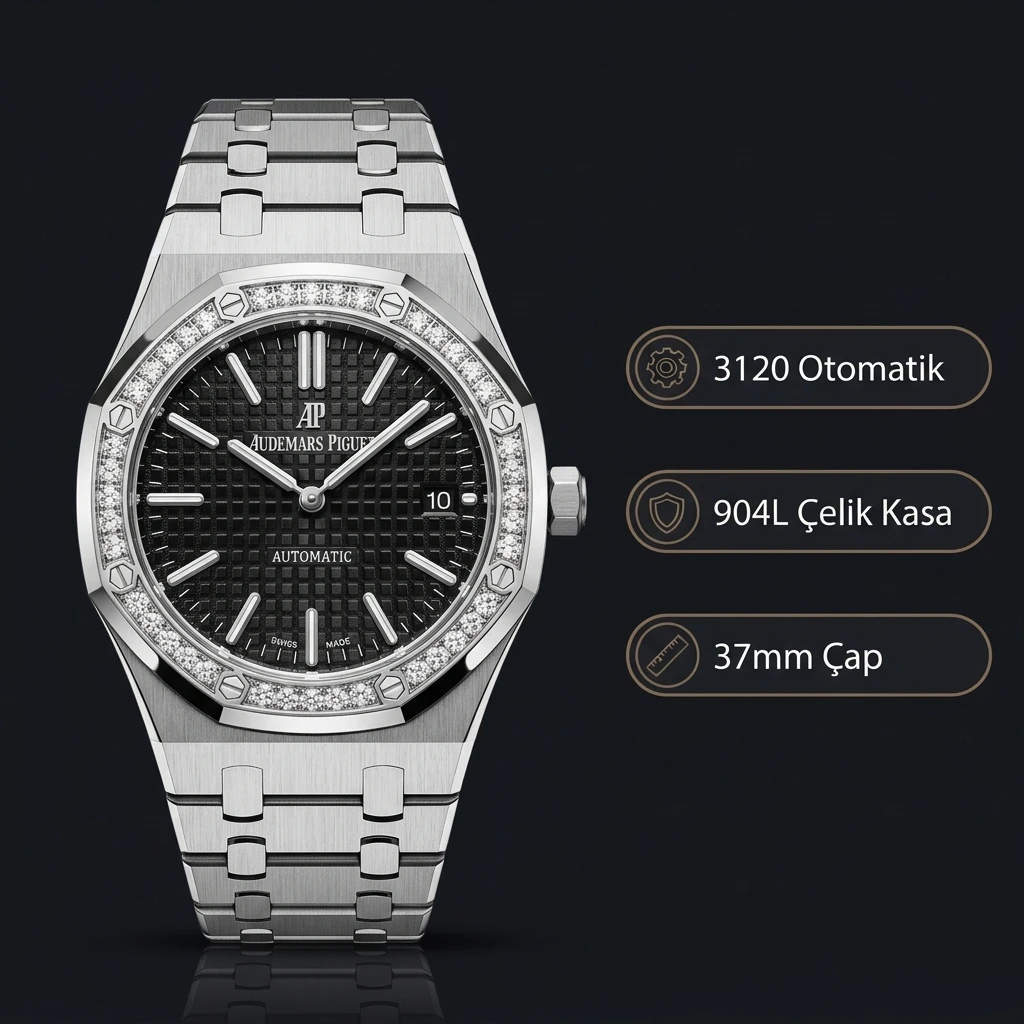 Audemars Piguet 15450 Bayan Siyah Kadranlı Taşlı Bezel Çelik Super Clone ETA Saat