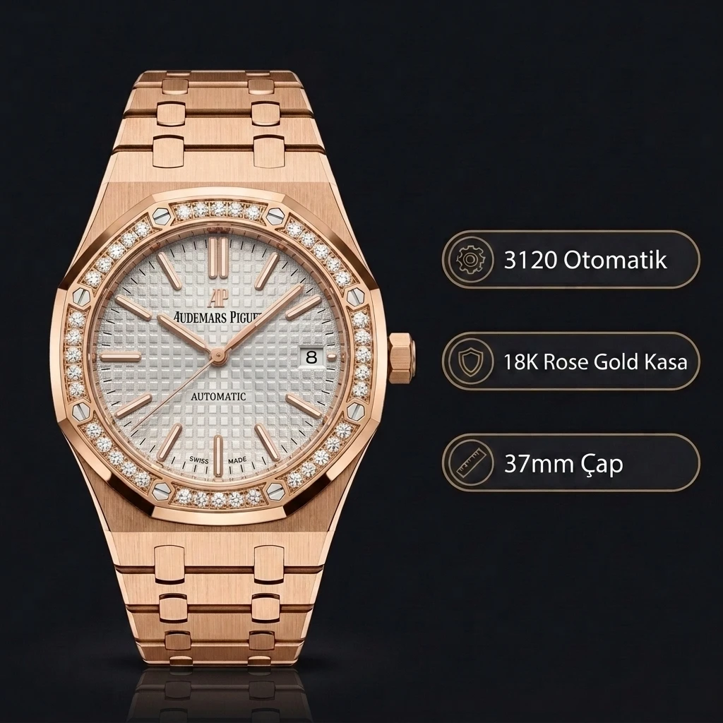 Audemars Piguet 15451 Bayan Beyaz Kadranlı Taşlı Bezel Rose Gold Super Clone ETA Saat