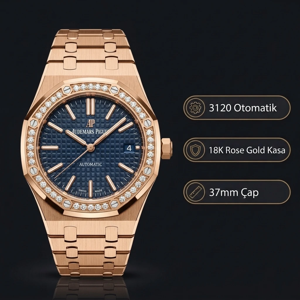 Audemars Piguet 15451 Bayan Mavi Kadranlı Taşlı Bezel Rose Gold Super Clone ETA Saat