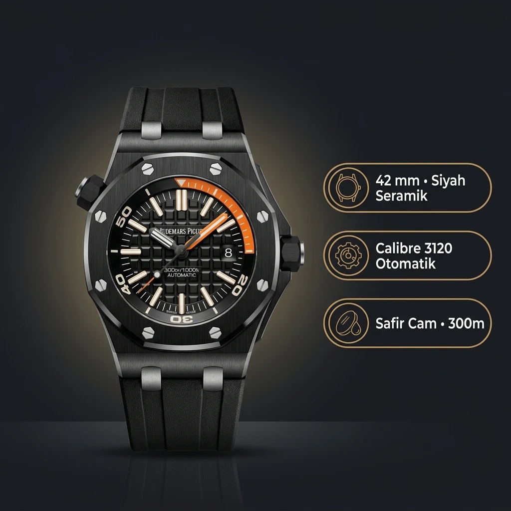 Audemars Piguet 15710ST Siyah Kadranlı Offshore Kauçuk Kordon Turuncu Super Clone ETA Saat