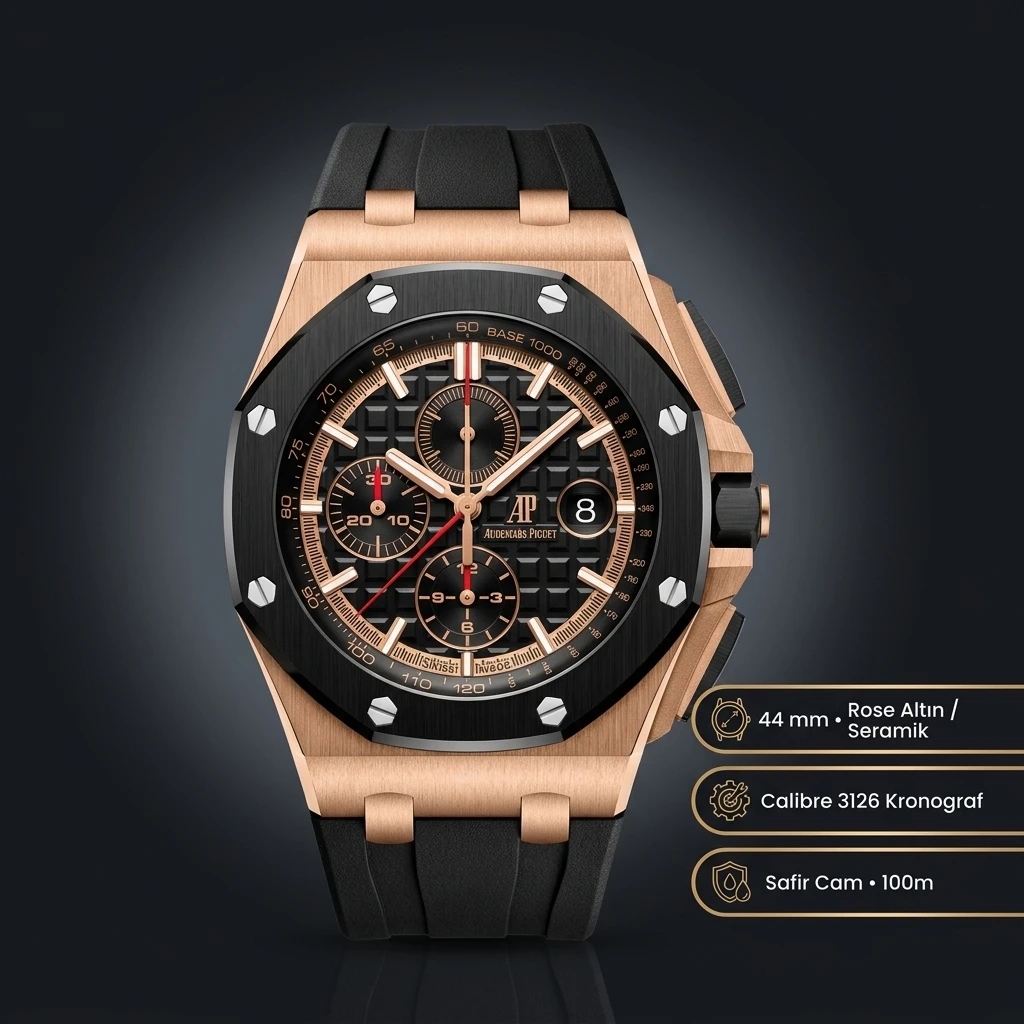 Audemars Piguet 26401OR Siyah Kadranlı Skeleton Chronograph Rose Gold Kauçuk Kordon Super Clone ETA Saat