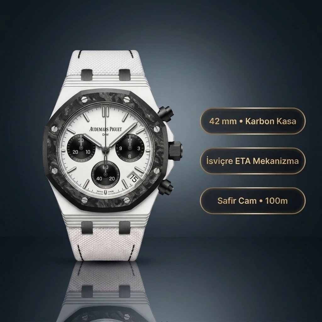 Audemars Piguet DiW Royal Oak Chronograph 42 MM Beyaz Kuvars Karbon Kasa Karbon Bezel Beyaz Siyah Panda Kadran Beyaz Kumaş Kordon Super Clone ETA Saat