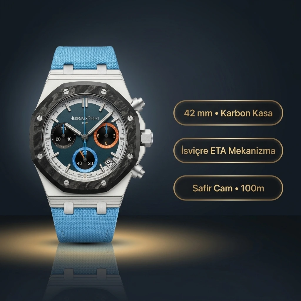 Audemars Piguet DiW Royal Oak Chronograph 42 MM Beyaz Kuvars Karbon Kasa Karbon Bezel Mavi Turuncu Detaylı Kadran Açık Mavi Kumaş Kordon Super Clone ETA Saat