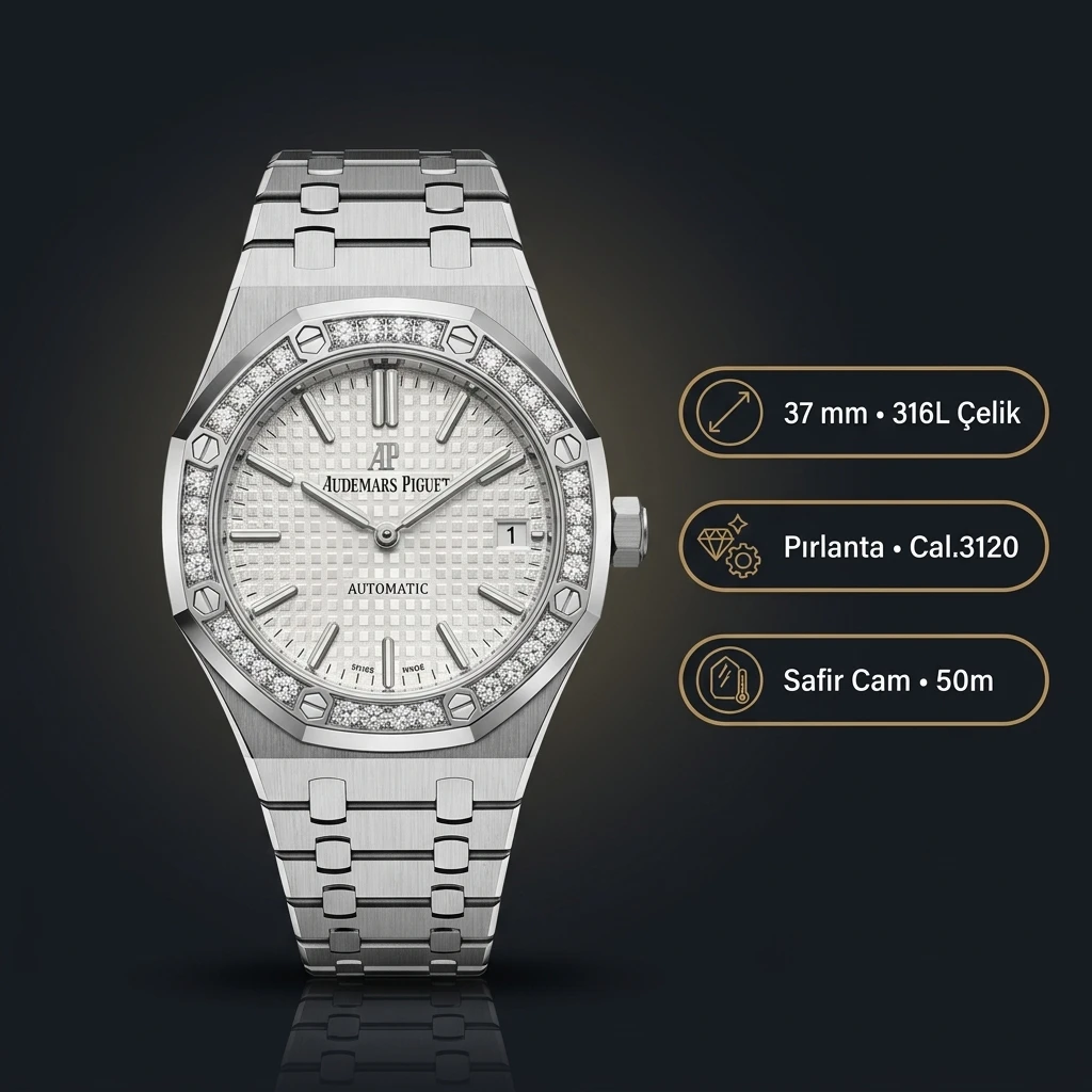 Audemars Piguet Royal Oak Bayan Beyaz Kadranlı Çelik Elmas Bezel Otomatik Super Clone ETA Saat