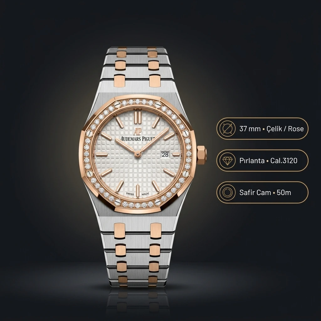 Audemars Piguet Royal Oak Bayan Gümüş Kadranlı Rose Gold Elmas Bezel Super Clone ETA Saat