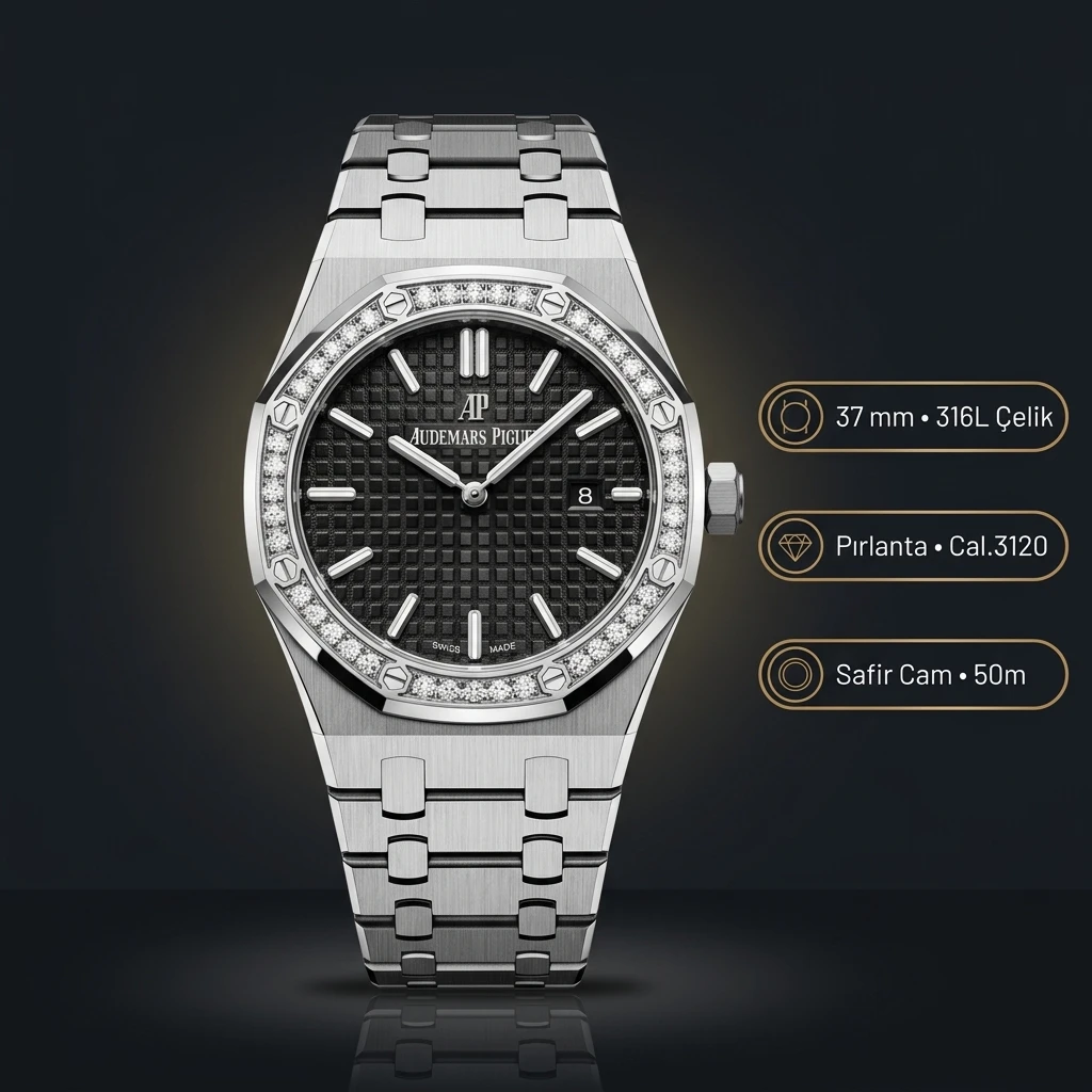 Audemars Piguet Royal Oak Bayan Siyah Kadranlı Çelik Elmas Bezel Super Clone ETA Saat