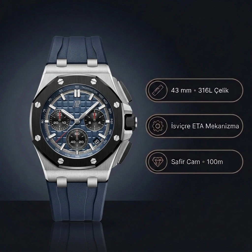 Audemars Piguet Royal Oak Offshore Chronograph 26420SO 43 MM Mavi Kadran Siyah Seramik Bezel Super Clone ETA Saat