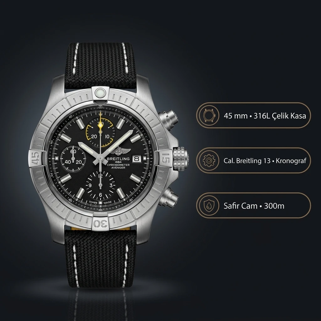 Breitling Avenger B01 44 mm Siyah Chronograph Gri Nato AB0147101B1X1 Super Clone ETA Saat