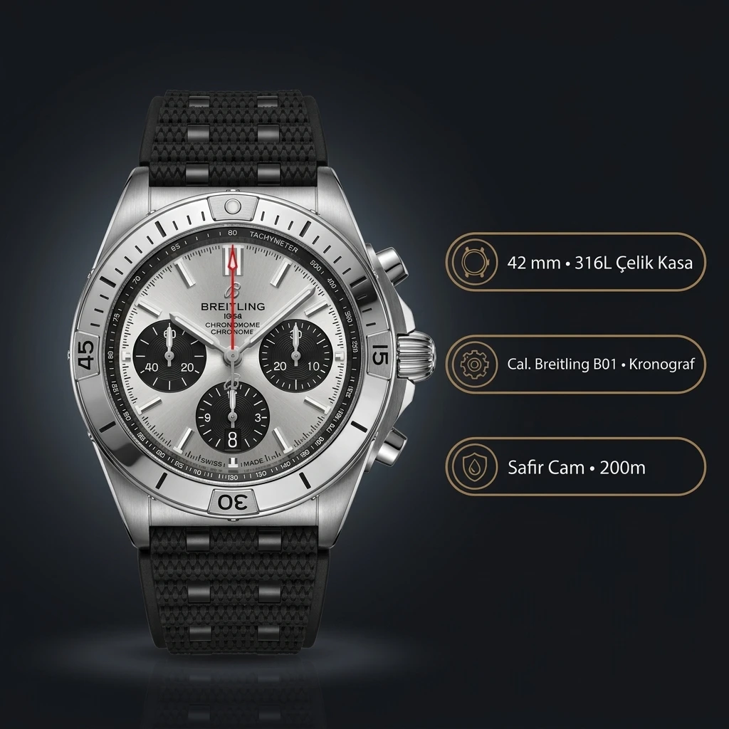 Breitling Chronomat B01 42 mm Gümüş Chronograph Kauçuk Kordon AB0134101G1A1 Super Clone ETA Saat