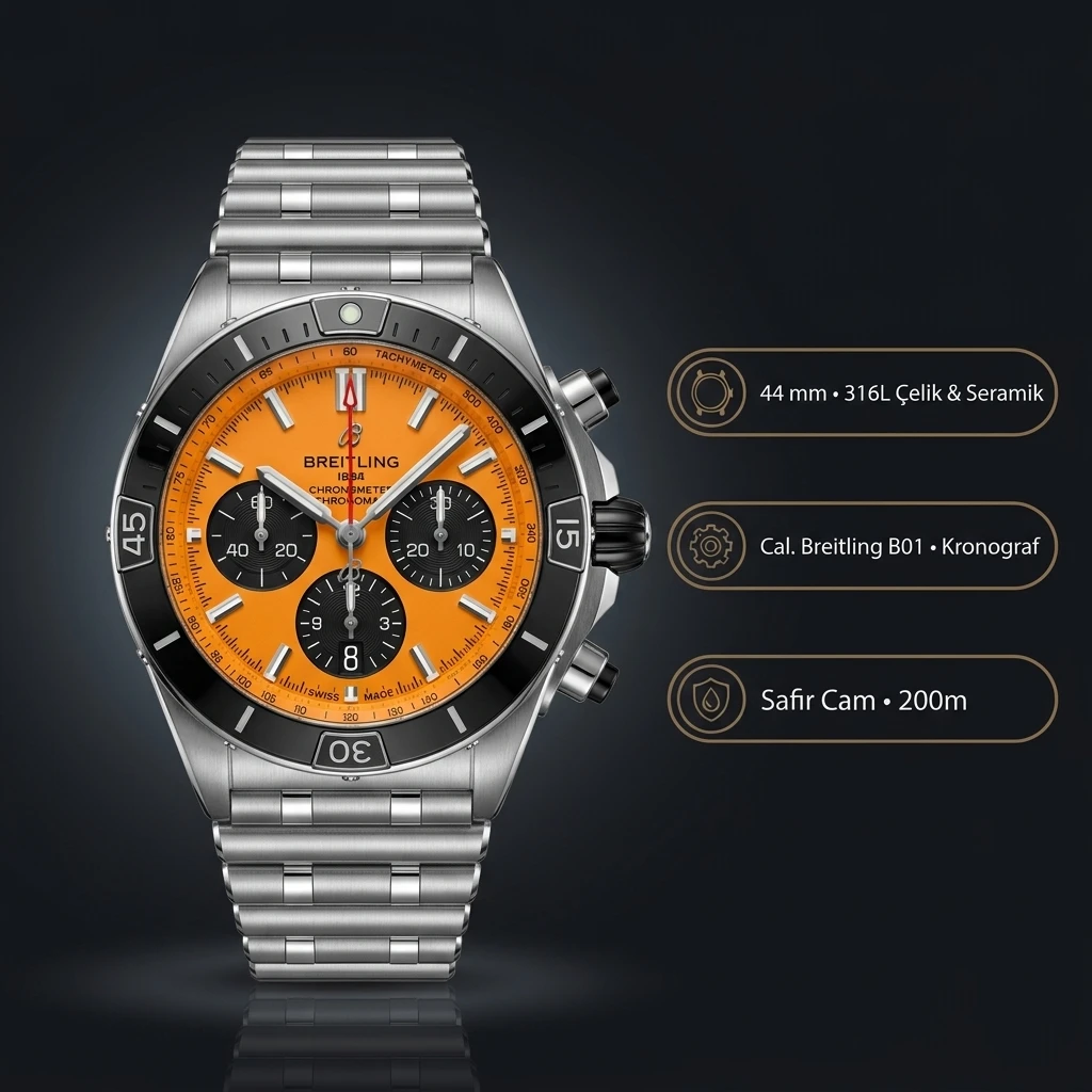 Breitling Chronomat B01 42 mm Turuncu Chronograph Çelik AB0134101K1A1 Super Clone ETA Saat