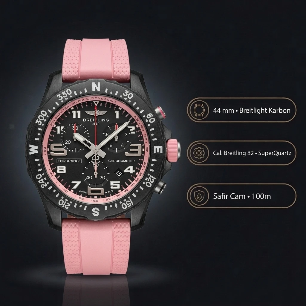 Breitling Endurance Pro 44 mm Siyah Chronograph Pembe Kauçuk Kordon X82310D51B1S1 Super Clone ETA Saat