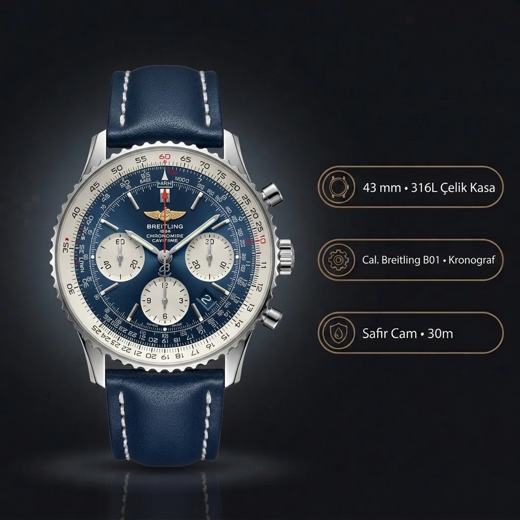 Breitling Navitimer B01 43 mm Mavi Chronograph Deri AB0138211C1P1 Super Clone ETA Saat
