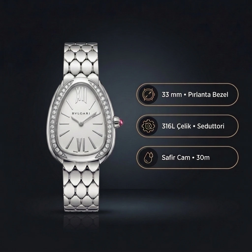 Bvlgari Serpenti 35 mm 102123 Serpenti Çelik Beyaz Kadran Super Clone ETA Saat