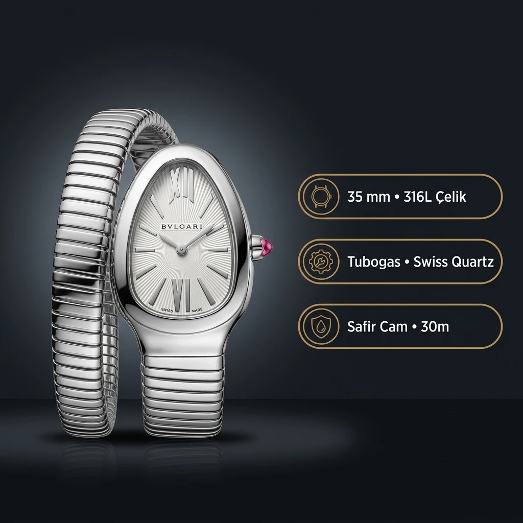 Bvlgari Serpenti 35 mm 102123 Serpenti Çelik Elmas Tasli Beyaz Uzun Super Clone ETA Saat