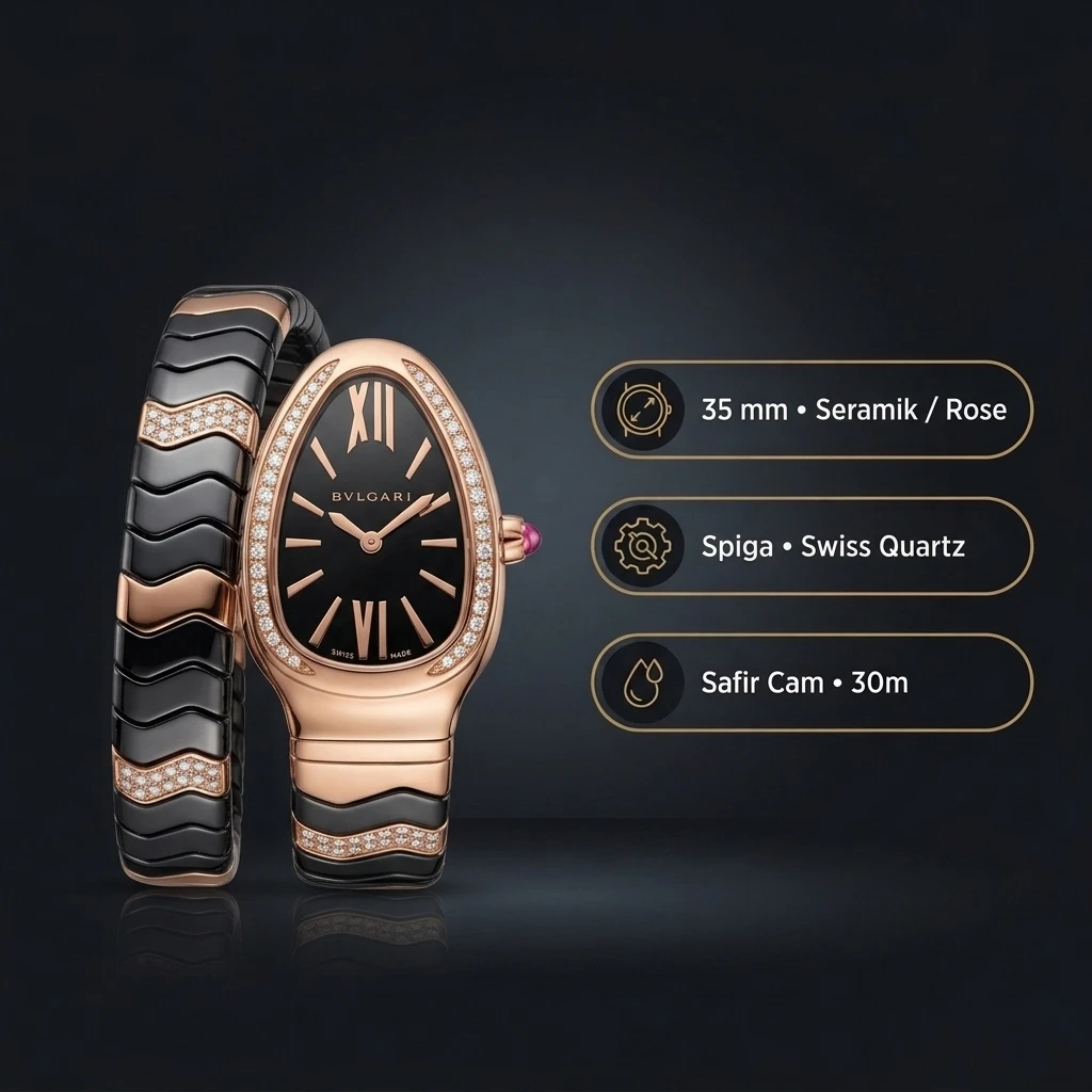 Bvlgari Serpenti 35 mm 102123 Serpenti Siyah Seramik Kadran Super Clone ETA Saat