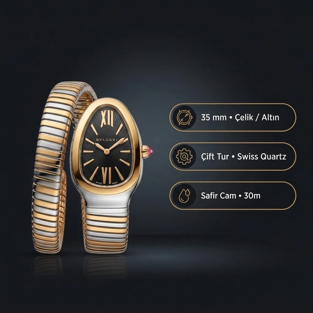 Bvlgari Serpenti 35 mm 102123 Serpenti Tubogas Altın Cift Renk Beyaz Kadran Super Clone ETA Saat