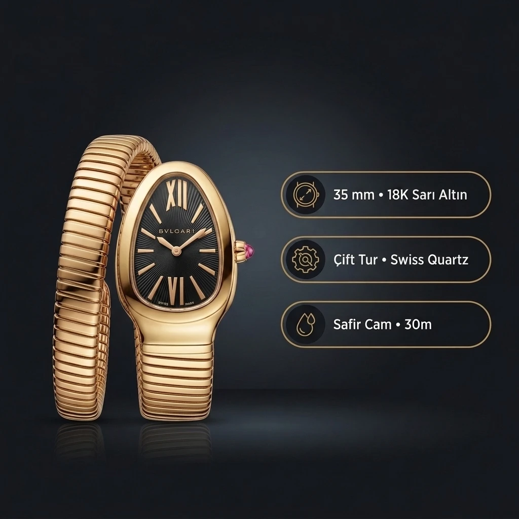Bvlgari Serpenti 35 mm 102123 Serpenti Tubogas Altın Siyah Kadran Super Clone ETA Saat