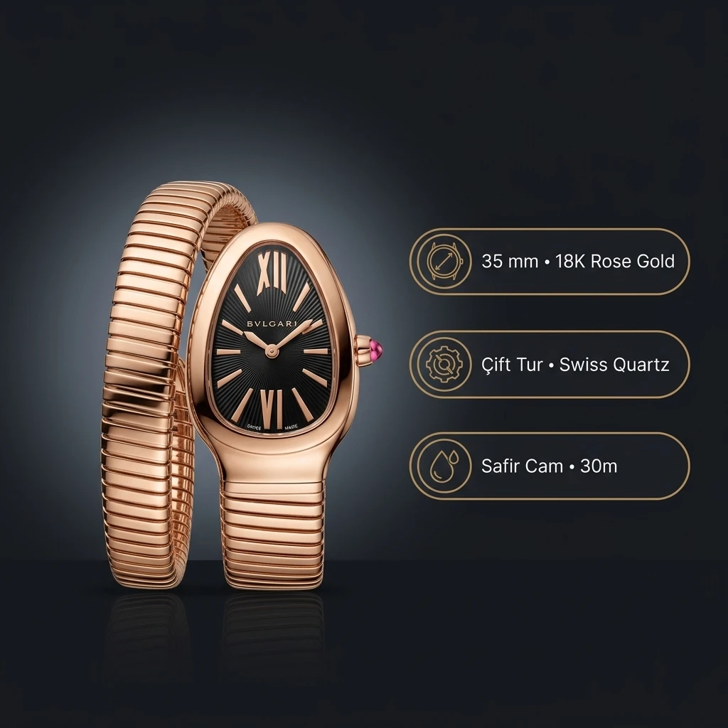 Bvlgari Serpenti 35 mm 102123 Serpenti Tubogas Rose Siyah Kadran Cift Tur Super Clone ETA Saat