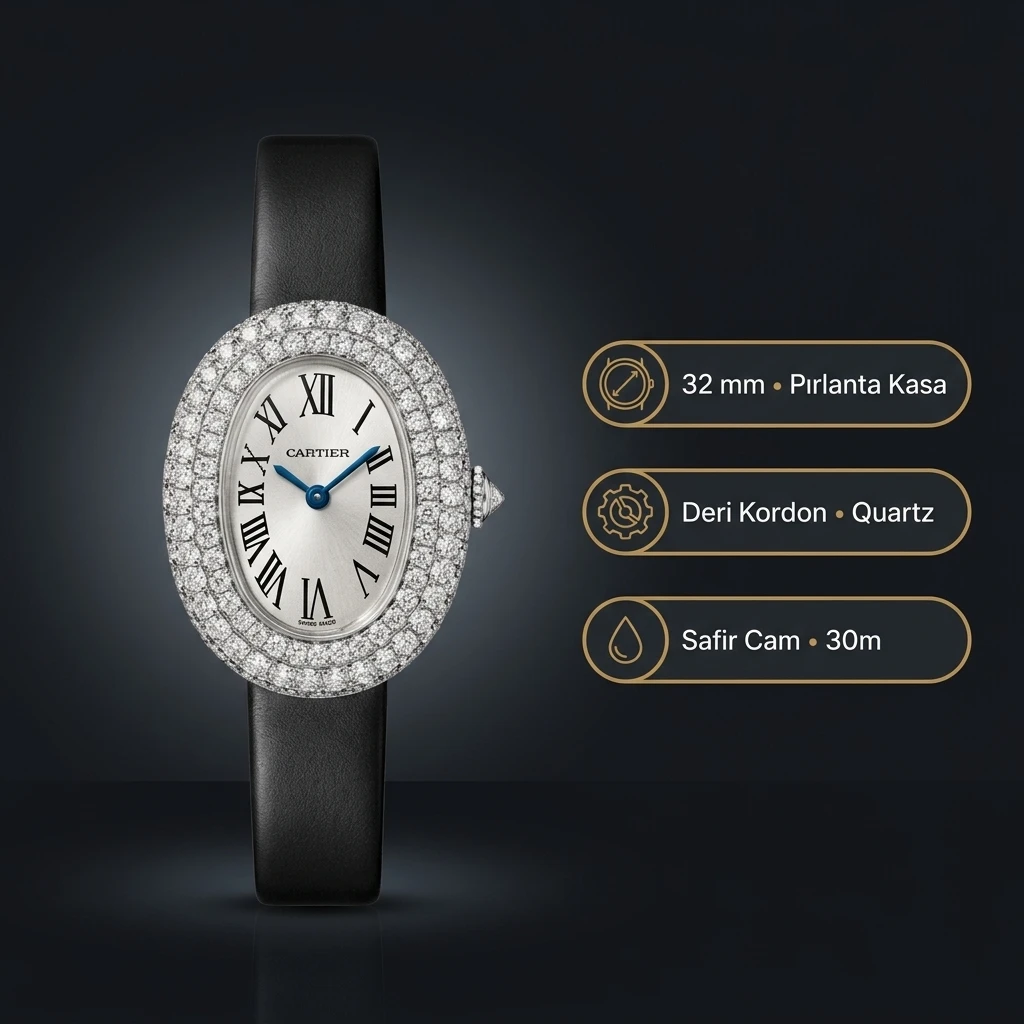 Cartier Baignoire 32 mm WGBA0009 Elmas Tasli Deri Oval Super Clone ETA Saat