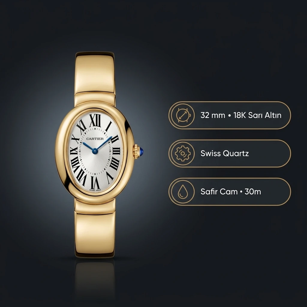 Cartier Baignoire 32 mm WJBA0005 Altın Oval Bilezik Parlak Super Clone ETA Saat