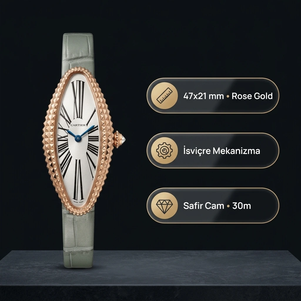 Cartier Baignoire Allongée 47x21 MM Rose Gold Piramit Çivili Kasa Beyaz Roma Rakamlı Kadran Gri Yeşil Deri Kordon Bayan Super Clone Saat