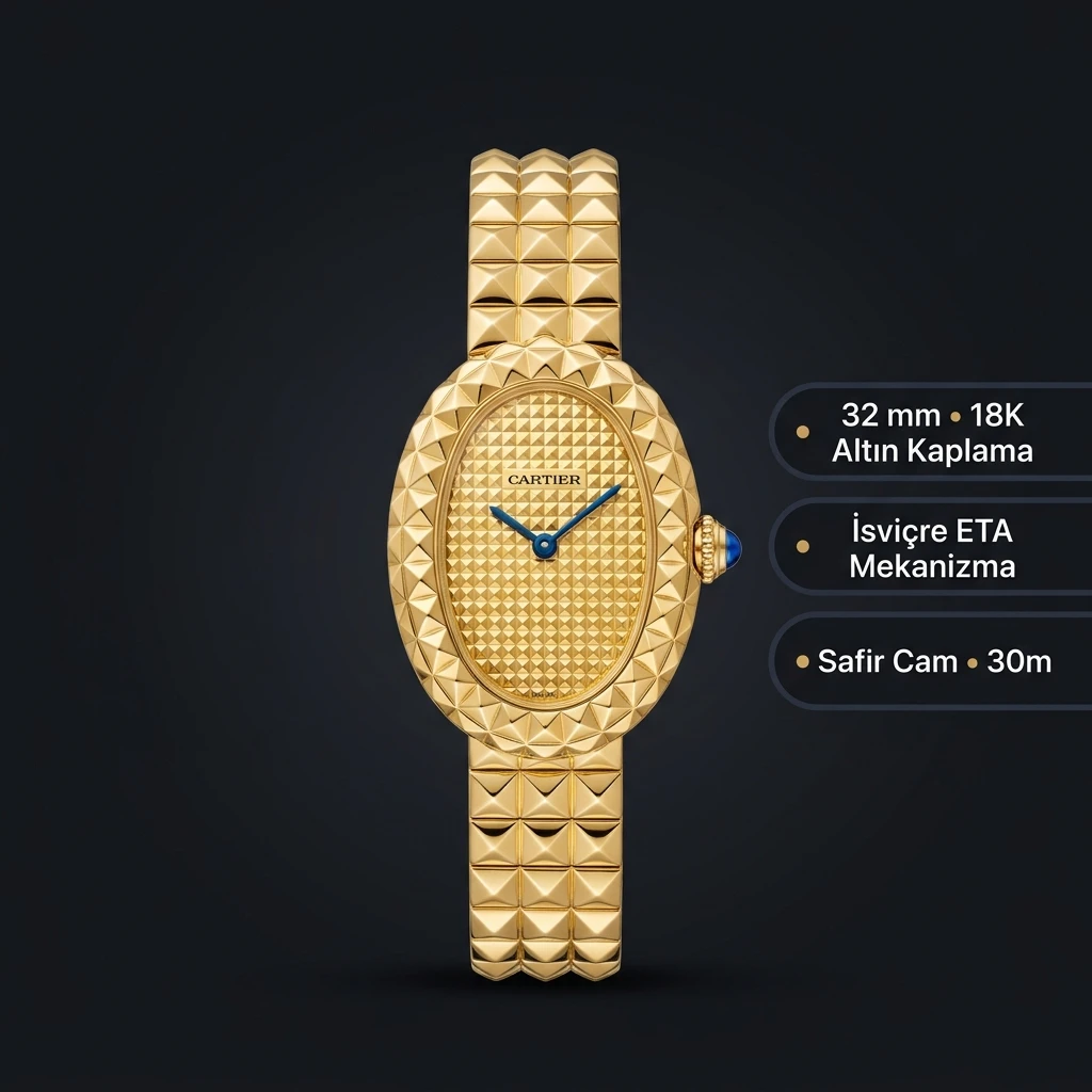 Cartier Baignoire 32 mm WGBA0009 Clou De Paris Sari Altın Piramit Kadran Super Clone ETA Saat