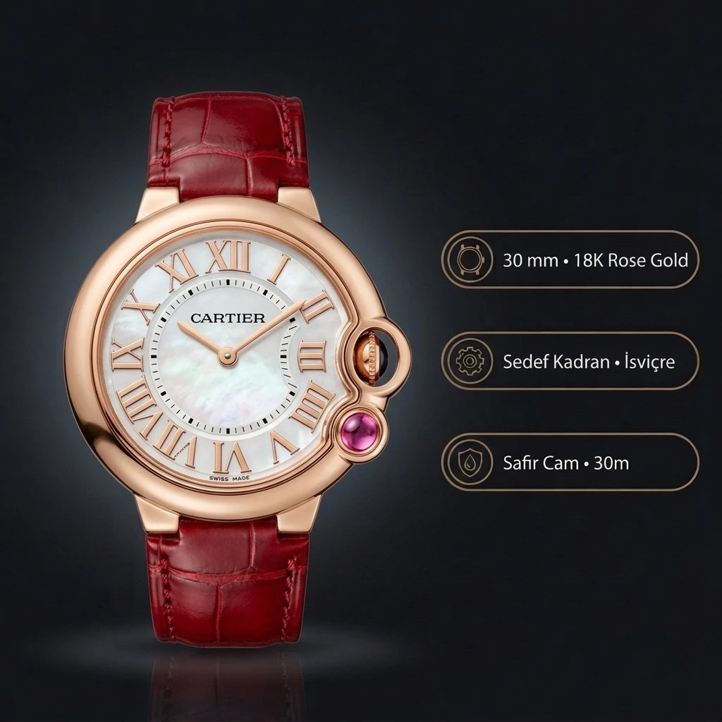 Cartier Ballon Blanc 30 mm WGBB0007 Rose Altın Kasa Sedef Kadran Kırmızı Deri Kordon Super Clone ETA Saat