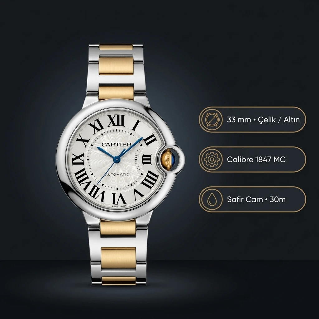 Cartier Ballon Bleu 33 mm W2BB0002 Beyaz Cift Renk Kadran Super Clone ETA Saat