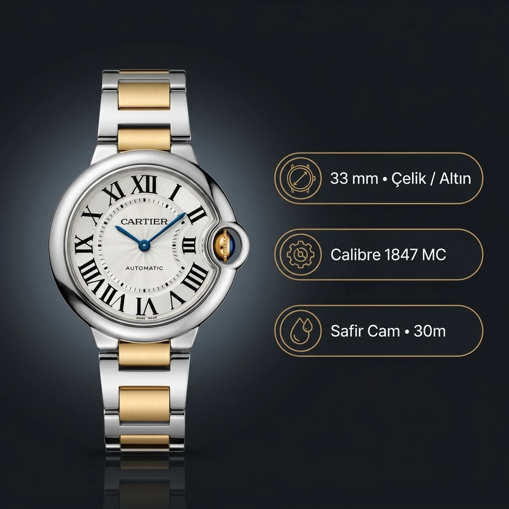 Cartier Ballon Bleu 33 mm W2BB0002 Beyaz Kadran Cift Renk Çelik Super Clone ETA Saat