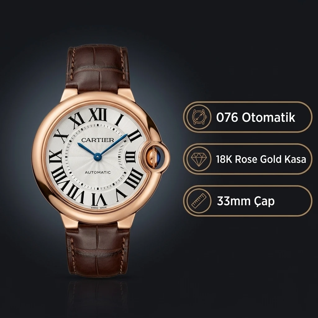 Cartier Ballon Bleu 33 mm WJBB0033 Rose Kasa Gümüş Kadran Kahverengi Deri Kordon Super Clone ETA Saat