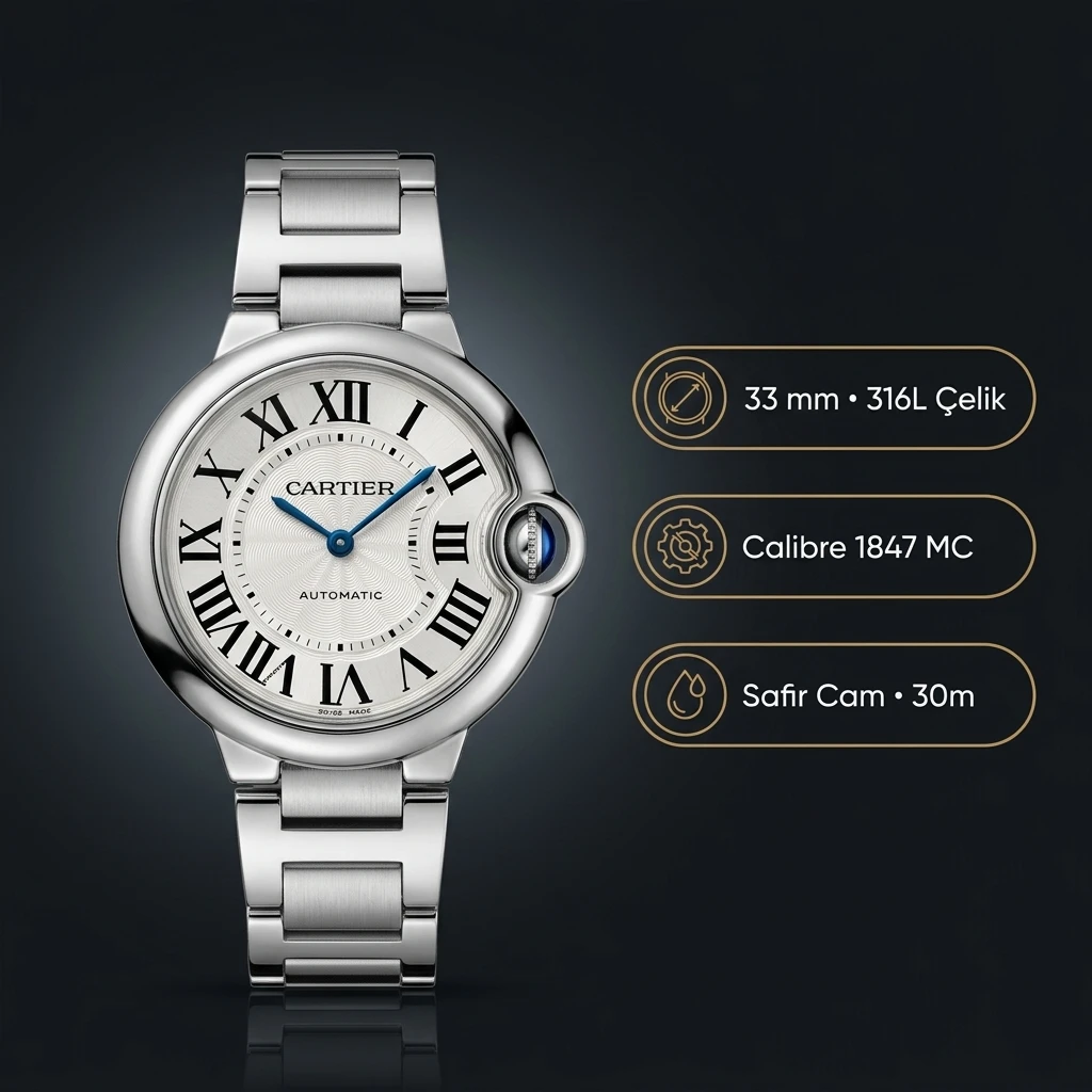 Cartier Ballon Bleu 33 mm WSBB0044 Beyaz Kadran Çelik Bileklik Super Clone ETA Saat