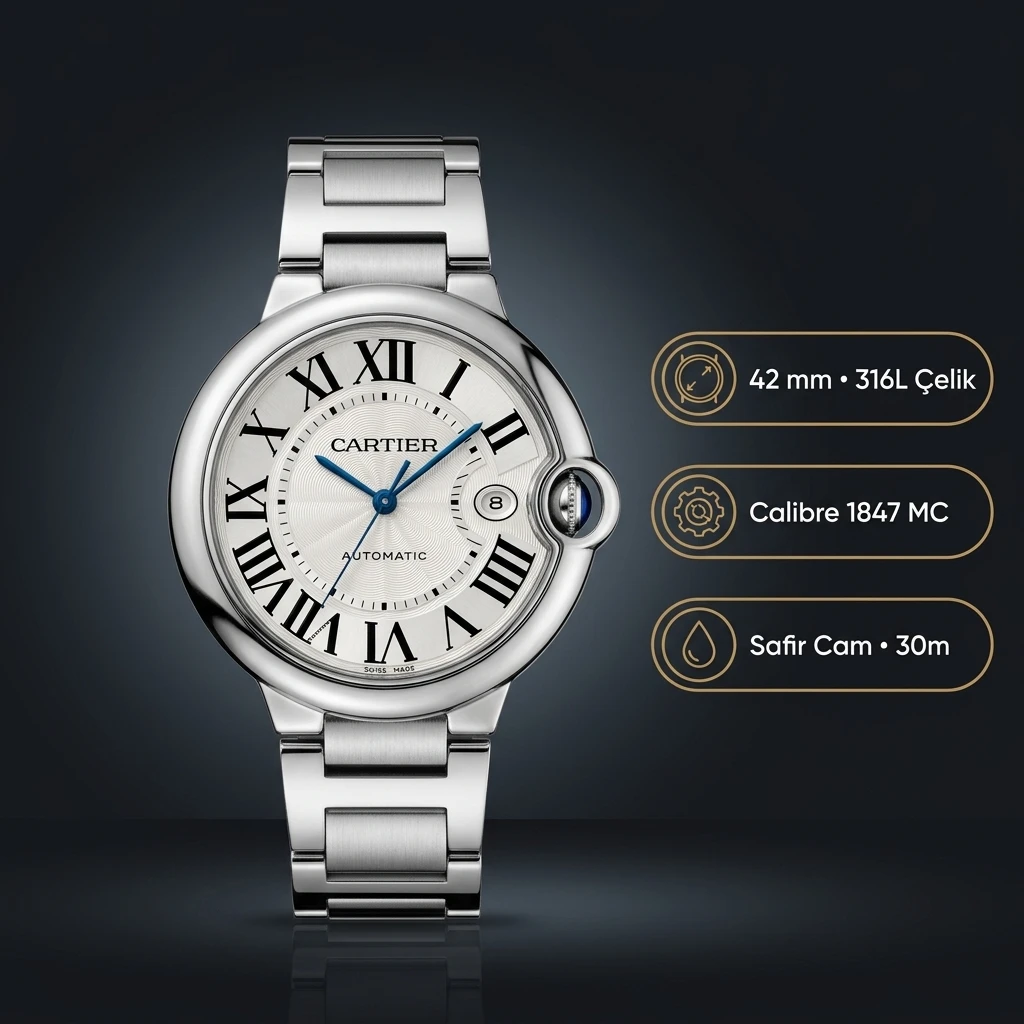 Cartier Ballon Bleu 33 mm WSBB0044 Beyaz Kadran Çelik Bilezik Super Clone ETA Saat