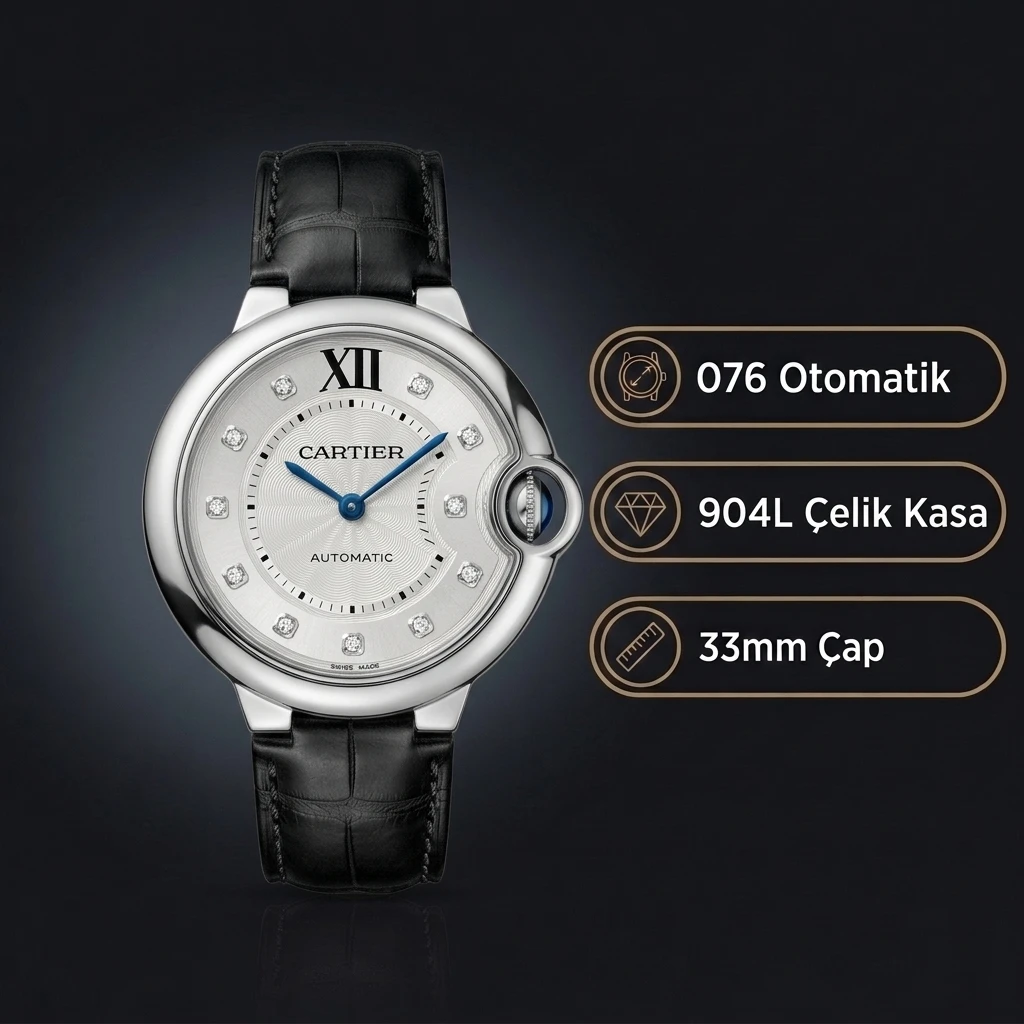 Cartier Ballon Bleu 33 mm WSBB0044 Gümüş Kadran Siyah Deri Kordon Super Clone ETA Saat