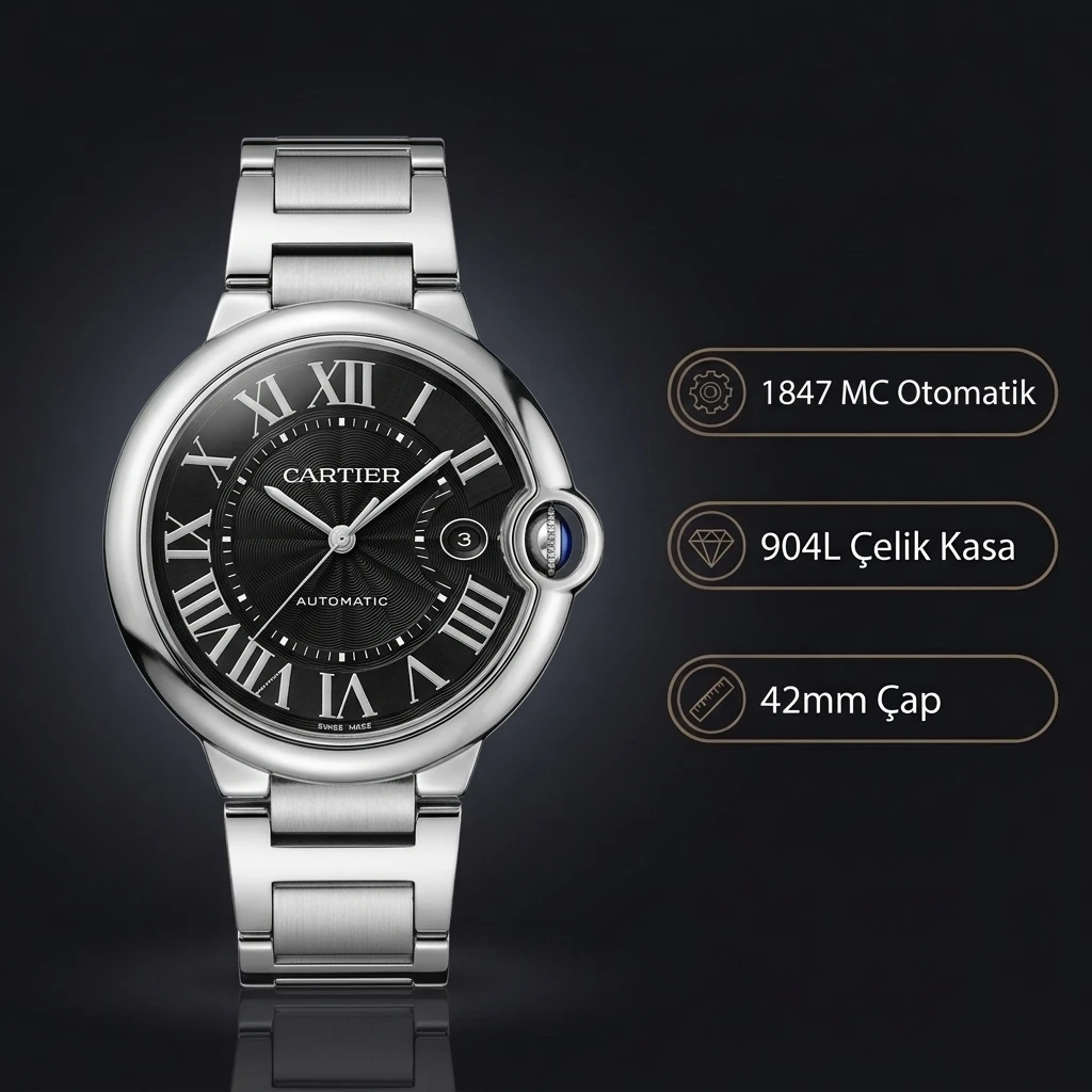 Cartier Ballon Bleu 33 mm WSBB0044 Siyah Kadran Çelik Super Clone ETA Saat