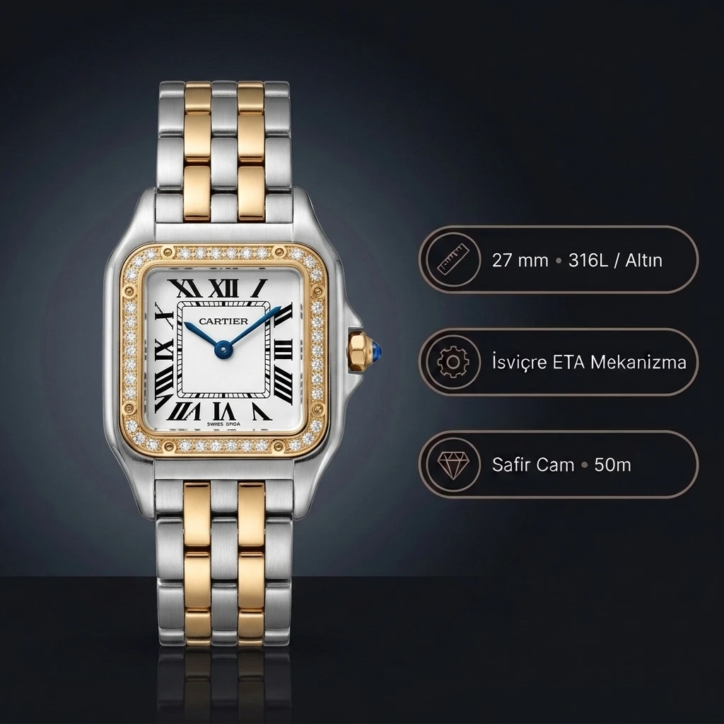 Cartier Panthere Pırlanta Bezel Beyaz Roma Rakamlı Kadran Two Tone Sarı Altın Çelik Bilezik Bayan Super Clone ETA Saat