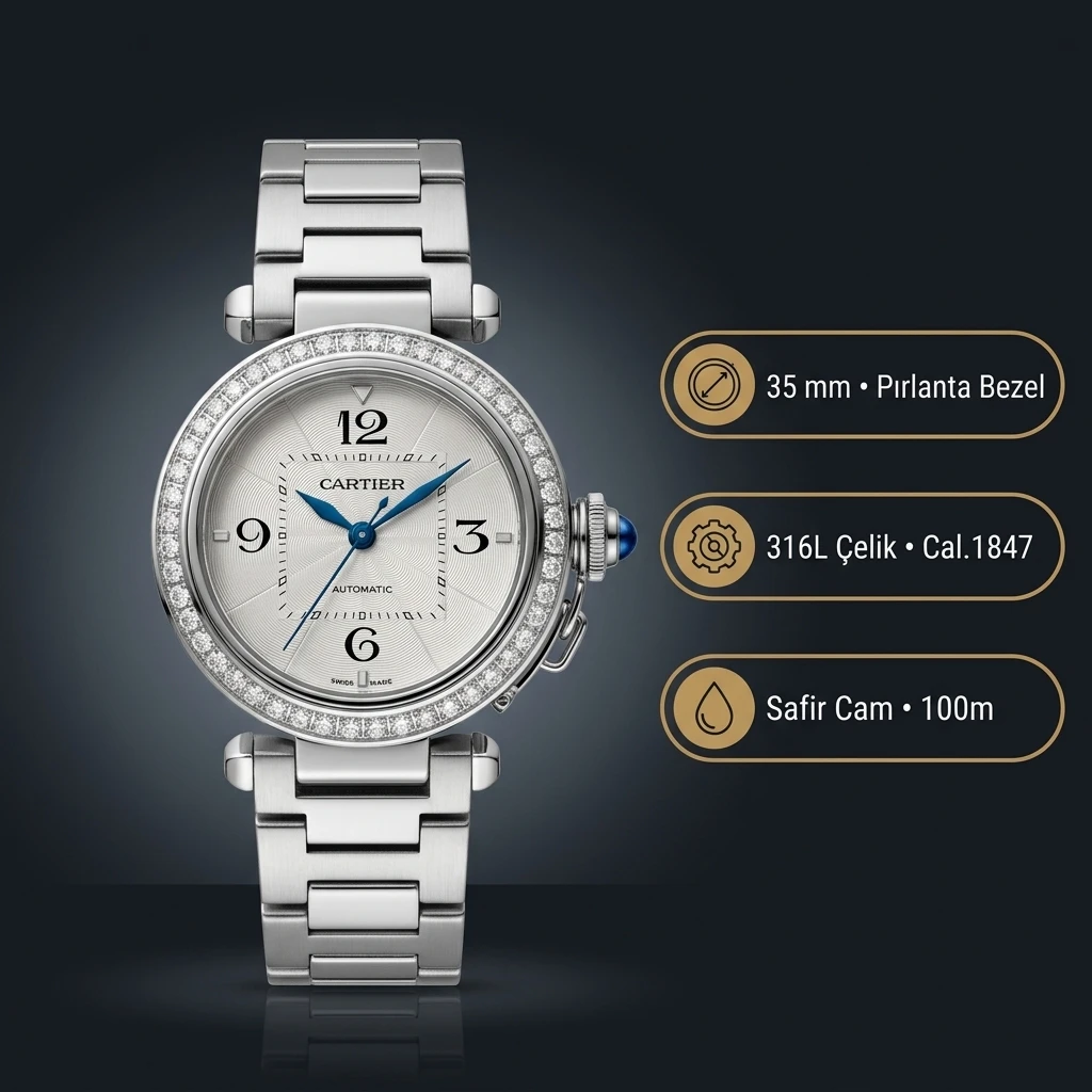 Cartier Pasha 35 mm WSPAA0004 Beyaz Elmas Tasli Çelik Super Clone ETA Saat