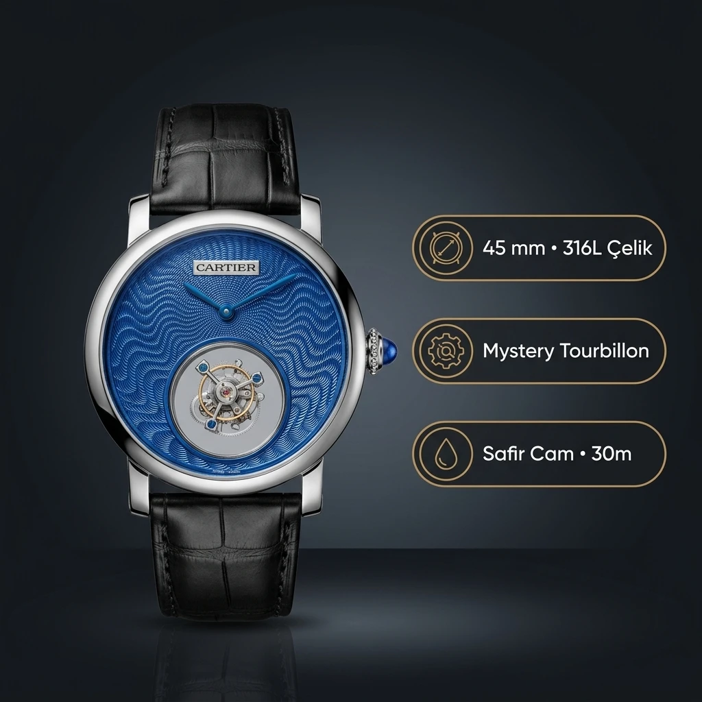 Cartier Ronde 36 mm WSRA0022 Mavi Guilloche Tourbillon Deri Super Clone ETA Saat