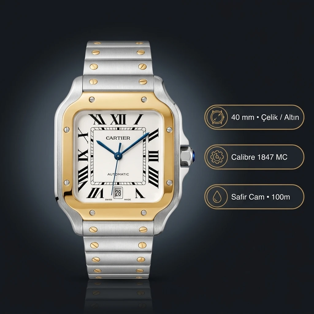 Cartier Santos 40 mm W2SA0007 Beyaz Altın Bezel Cift Renk Super Clone ETA Saat