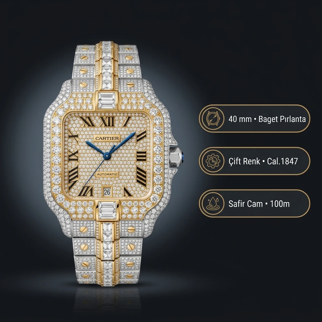 Cartier Santos 40 mm W2SA0007 Elmas Tasli Full Cift Renk Super Clone ETA Saat