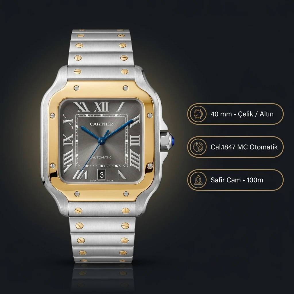 Cartier Santos 40 mm W2SA0007 Gri Kadran Cift Renk Super Clone ETA Saat