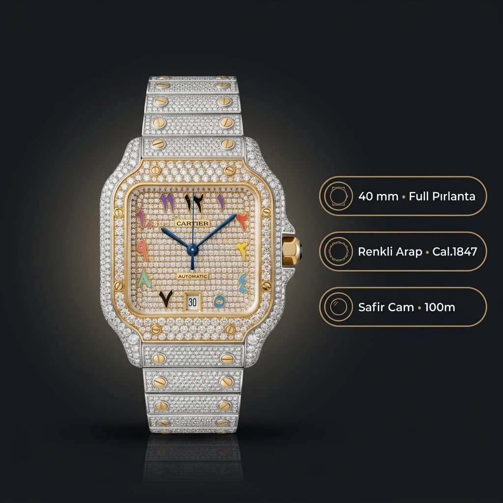 Cartier Santos 40 mm WSSA0018 Elmas Tasli Pave Buyuk Super Clone ETA Saat