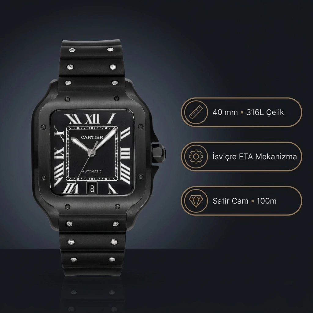 Cartier Santos 40 mm WSSA0039 De Cartier Black Dial Silikon Kordon Super Clone ETA Saat
