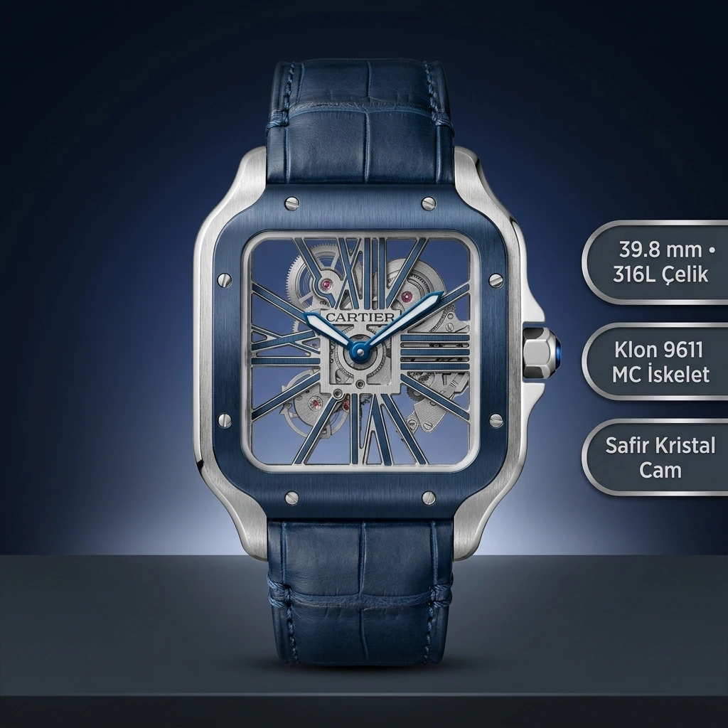 Cartier Santos De Cartier Skeleton 39.8 mm WHSA0026 Mavi Bezel İskelet Kadran Super Clone ETA Saat