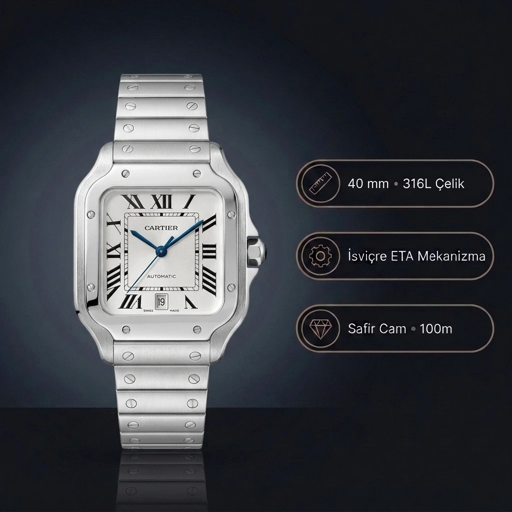 Cartier Santos de Cartier WSSA0018 40 MM Beyaz Roma Rakamlı Kadran Çelik Bilezik Super Clone ETA Saat