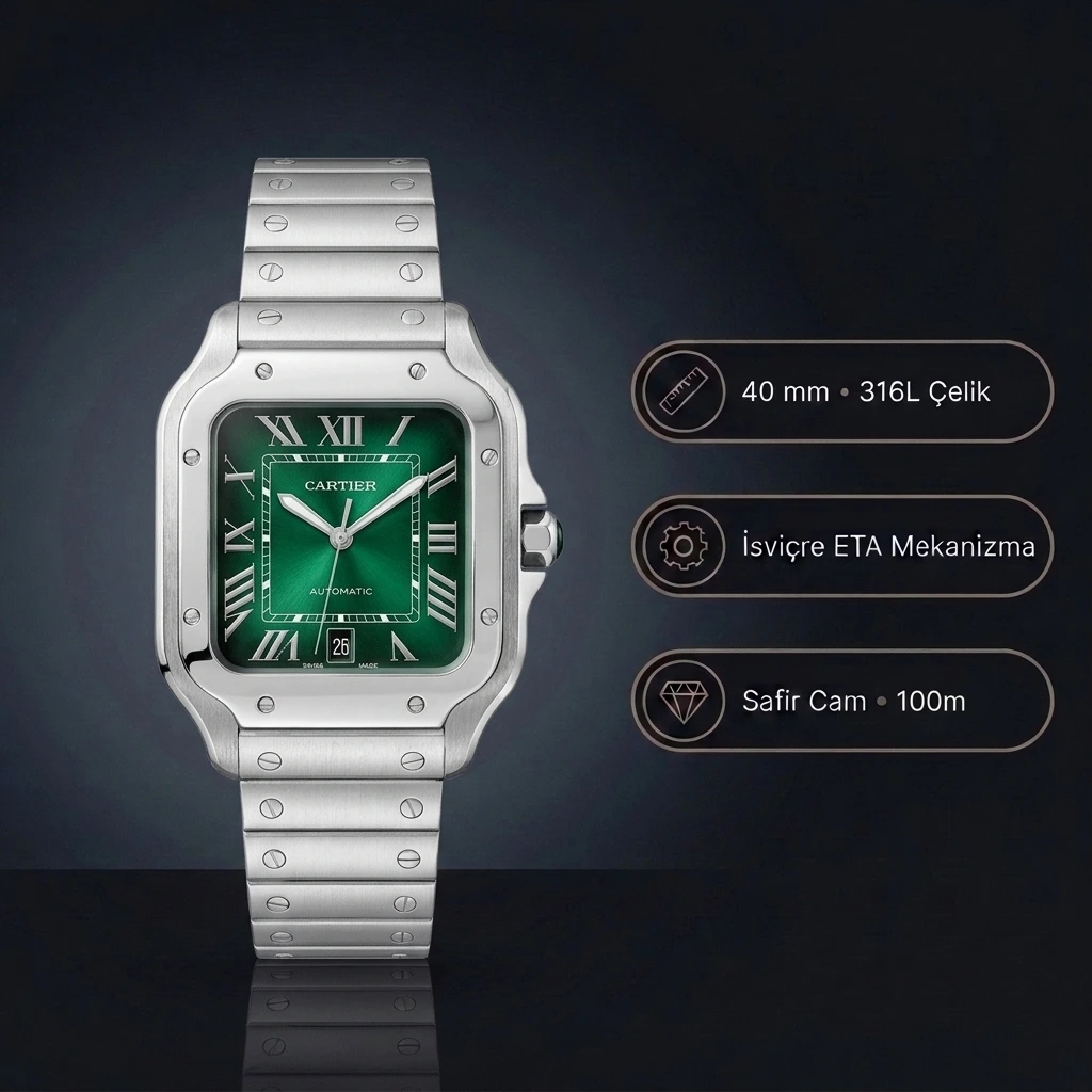Cartier Santos de Cartier WSSA0061 40 MM Zümrüt Yeşil Kadran Çelik Bilezik Super Clone ETA Saat