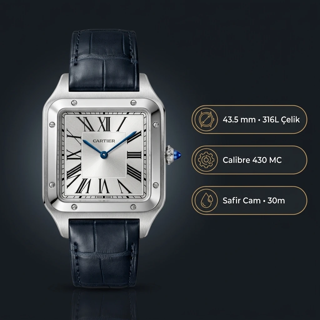 Cartier Santos-Dumont 43.5 mm WSSA0022 Santos Dumont Beyaz Kadran Deri Klasik Super Clone ETA Saat
