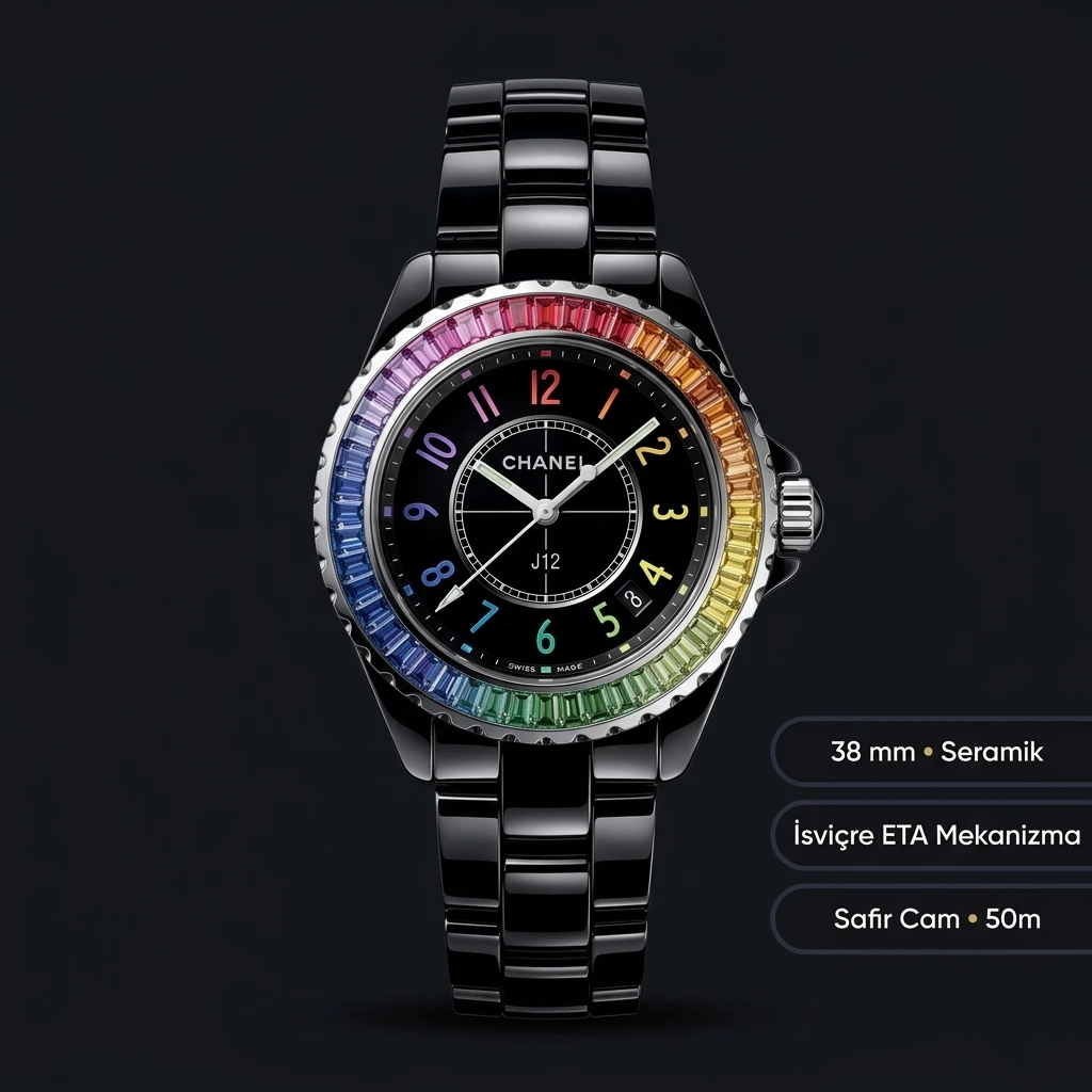 Chanel J12 Siyah Seramik Renkli Parlak Super Clone ETA Saat